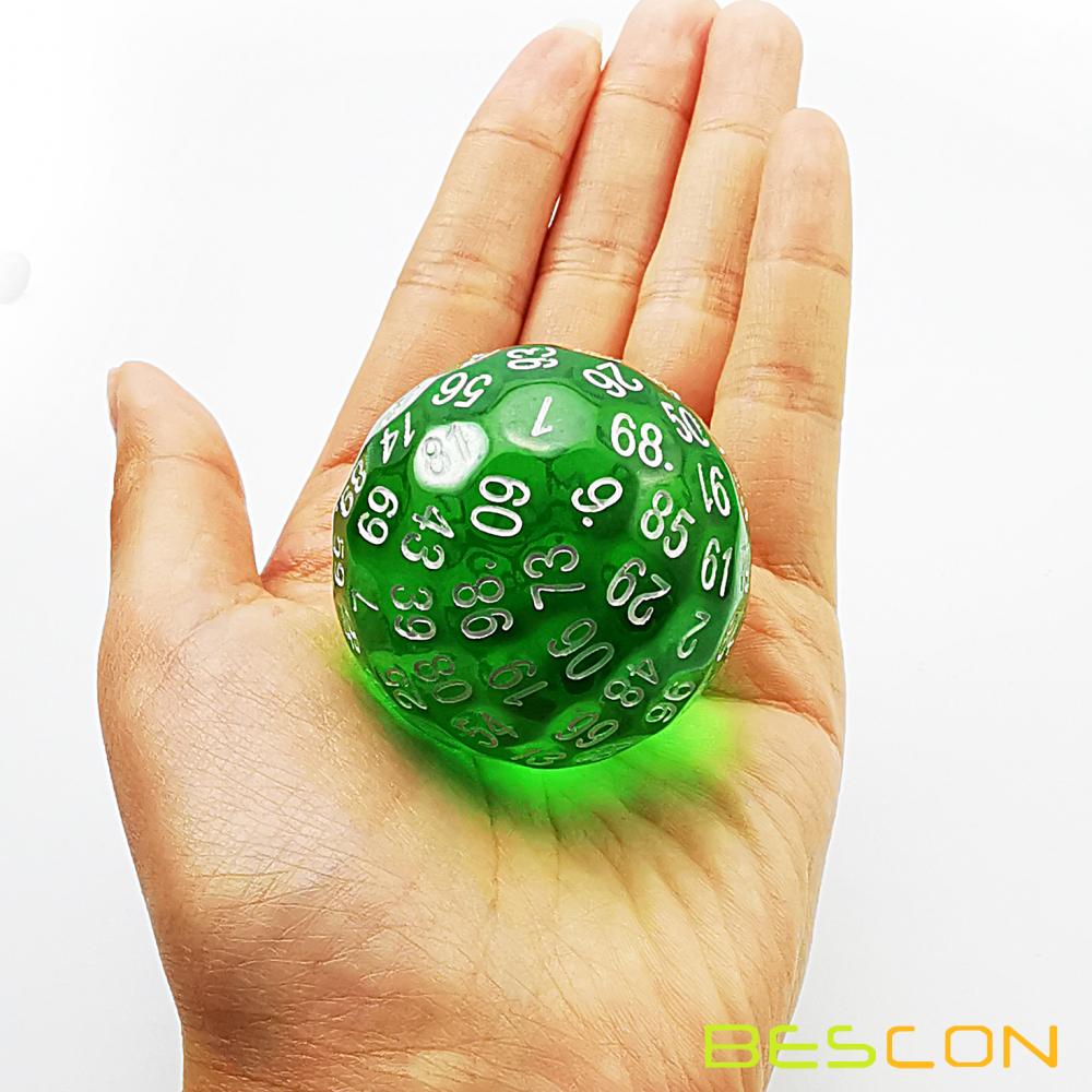 Bescon Translucent Green Polyhedral Dice 100 Sides, D100 dice, 100 Sided Cube, Transparent D100 Game Dice