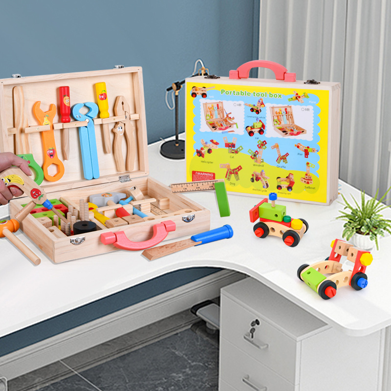 Kids Baby Wooden Repair Set Multi-function Tool Toys Pretend Play Portable Repair Tool Box Boy Educational Toys For Children