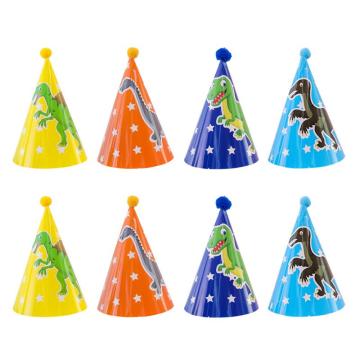 6pcs/8pcs Birthday Hat Dinosaur Printing Paper Hat Kids Birthday Cap Cone Pompon Party Hat Birthday Party Supplies Random Color