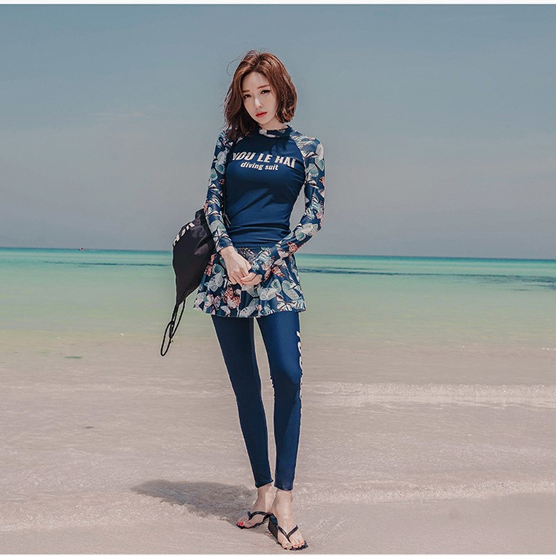 WackDaria women rash guard swimsuit 3 pieces long sleeve long pant with skirt tankini korea butterfly diving suit surfing suit