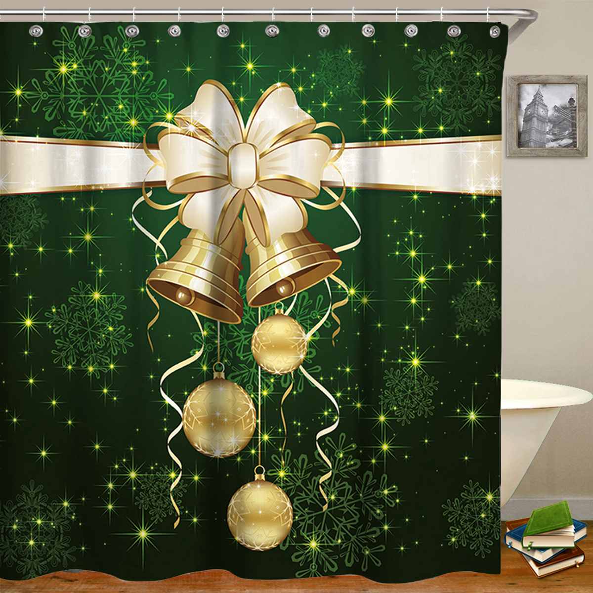 1/3/4 PCS Merry Christmas Bathroom set Green Christmas Bells Pattern Waterproof Shower Curtain Toilet Cover Mat Non Slip Rug