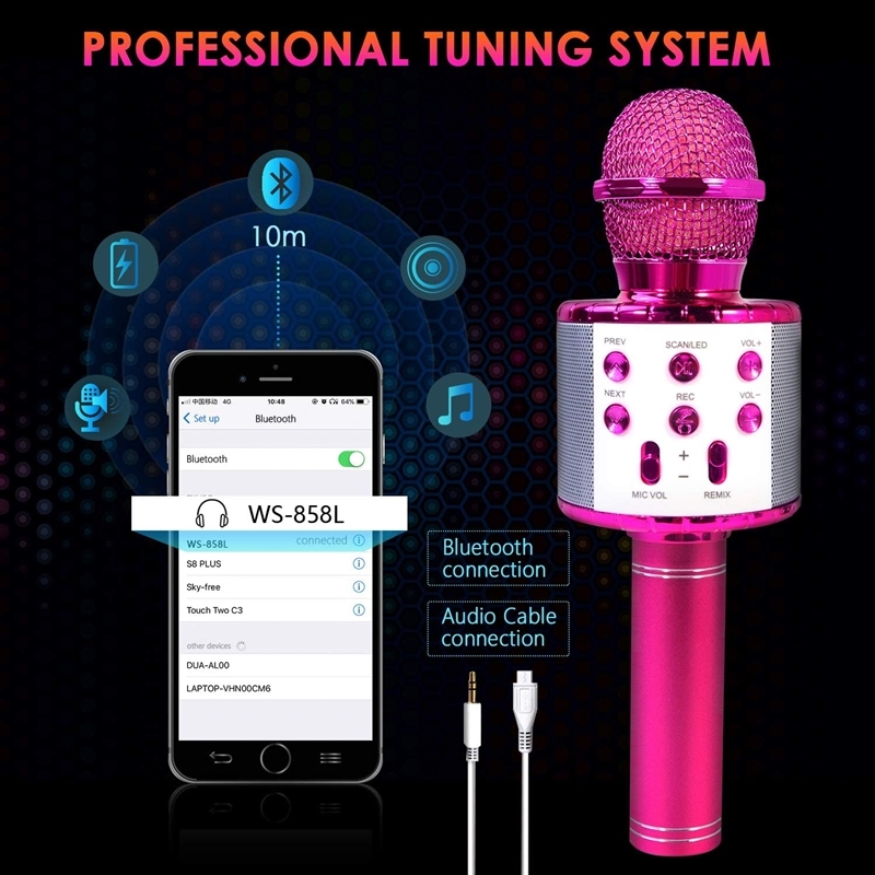 WS858L Wireless Bluetooth Karaoke Microphone Handheld Portable Karaoke Machine Home KTV Player with Led light