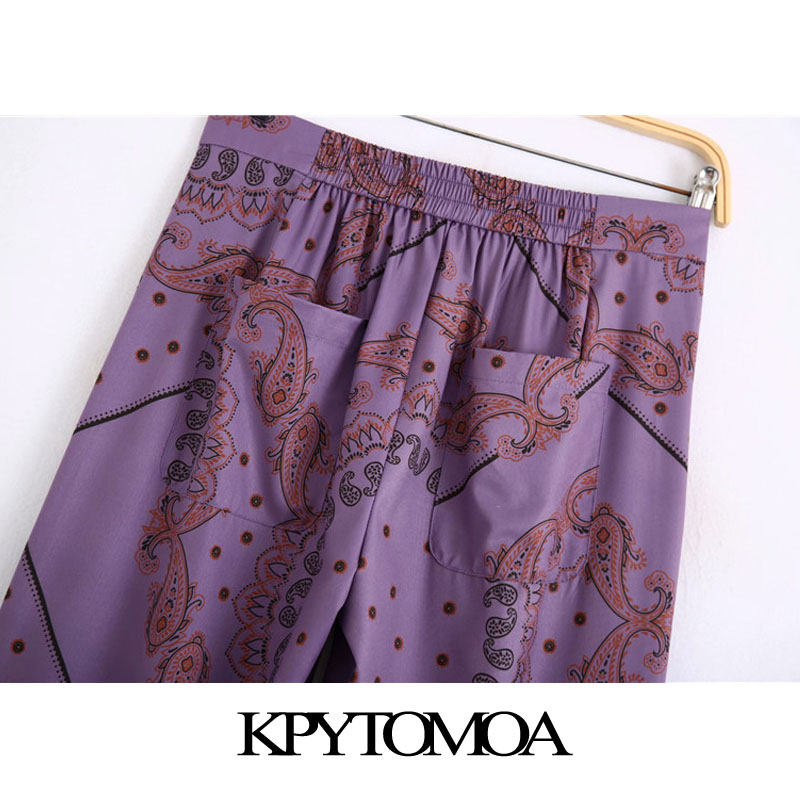KPYTOMOA Women 2020 Chic Fashion Printed Flared Pants Vintage Back Elastic Pockets Zipper Fly Female Ankle Trousers Mujer
