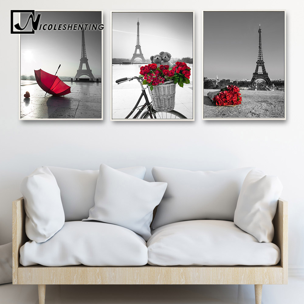 Paris Eiffel Tower Red Rose Flower Landscape Posters and Prints Wall Art Canvas Painting Black White Picture Modern Home Decor