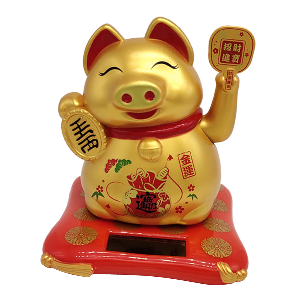 Cute Solar Powered Lucky Golden Pig Waving Arm Model for Home Office Car Decoration Solar Toys