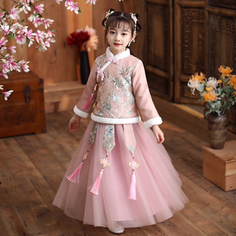 Autumn Winter New Embroider Girl's Hanfu Cheongsam Chinese Tradition Wedding Flower Girl Dress Cute Kids New Year Dress Clothes