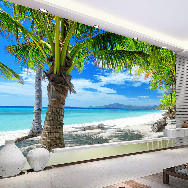 Custom Photo Mural Wallpaper 3D Sea Beach Coconut Tree Seascape Wall Painting Modern Living Room Sofa TV Background Wall Paper