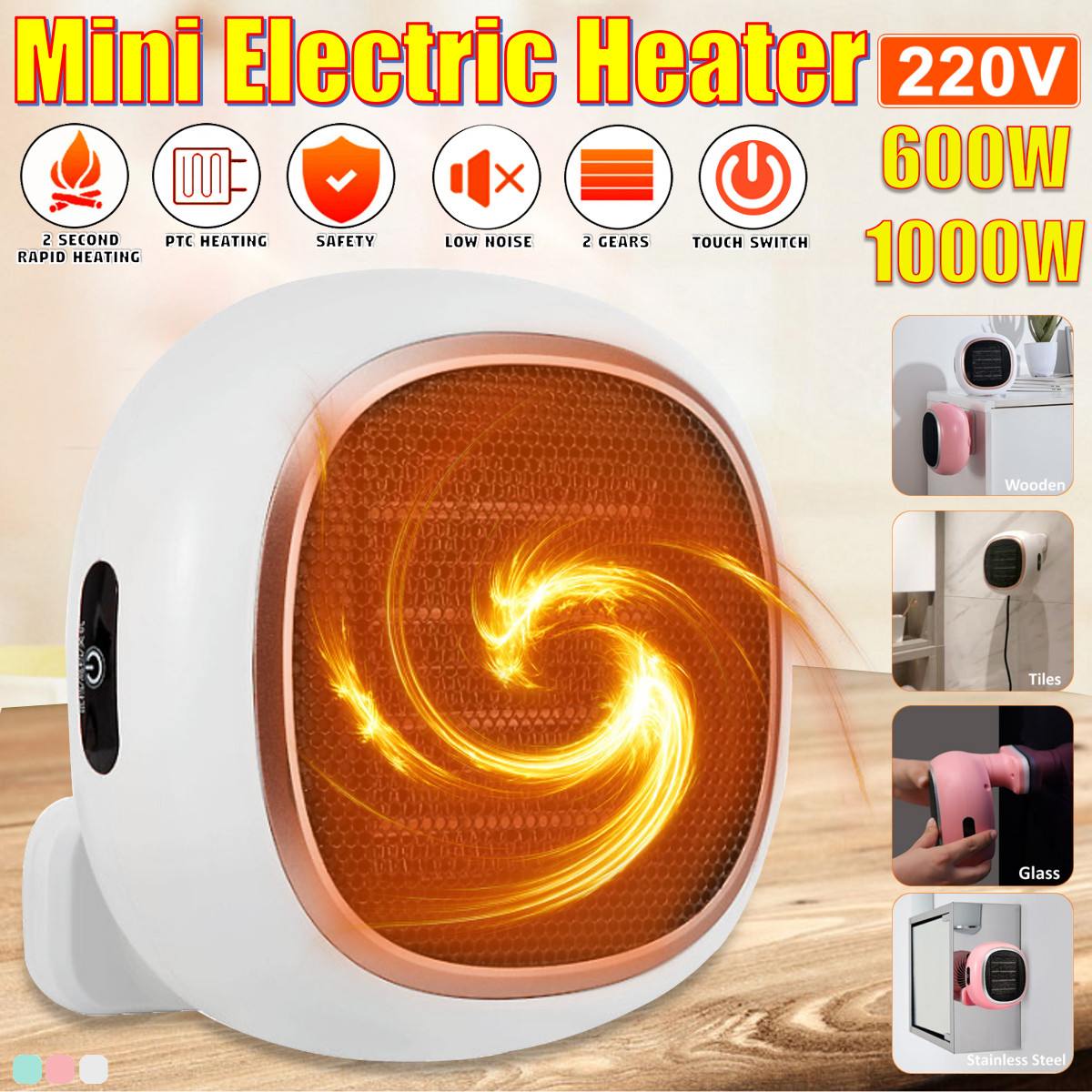 220V 1000W Portable Electric Space Heater Wall Mount Home Office Air Heater Warmer Fan Silent 2S Fast Heat Thermostat Blower