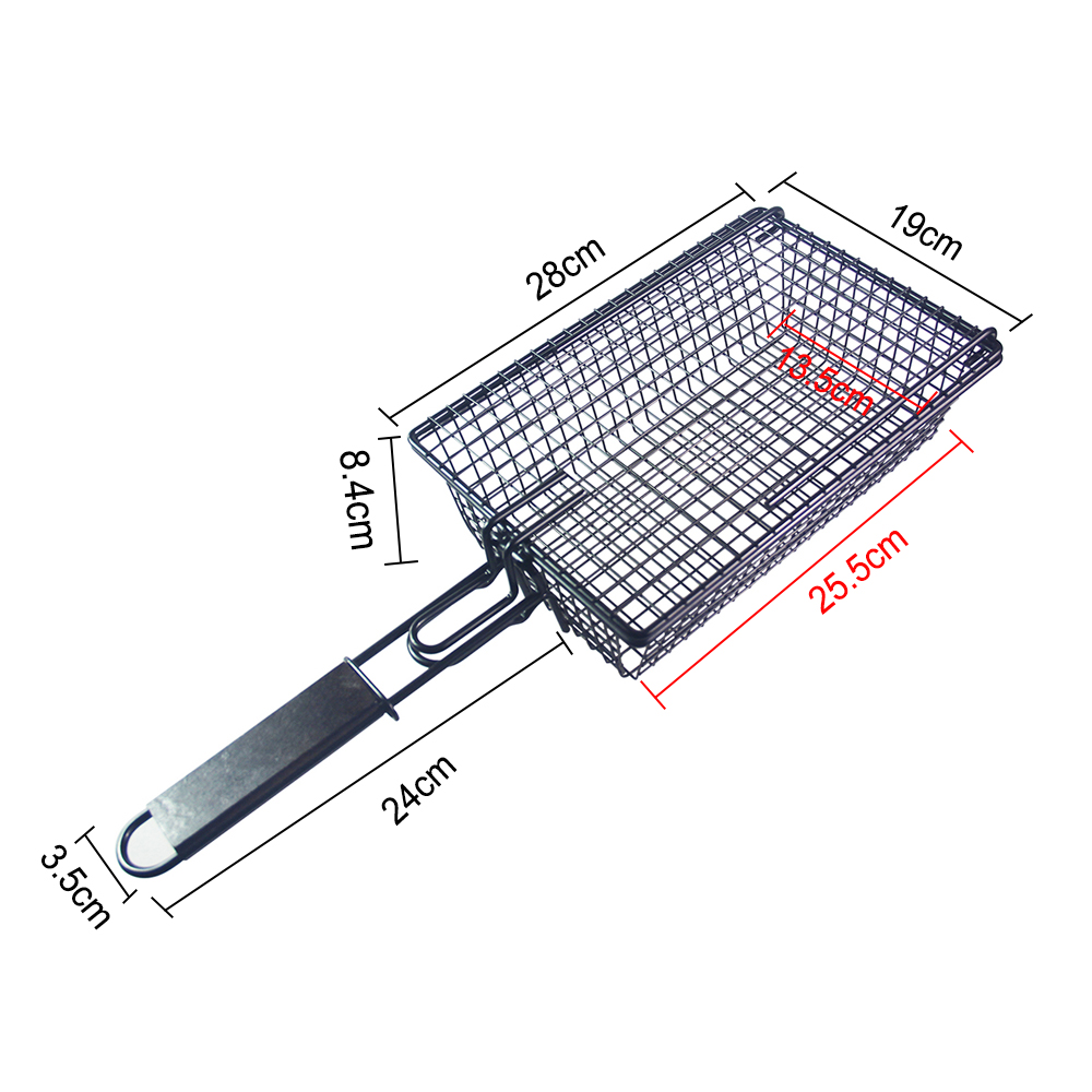 Non-stick Grill Basket with Lid Metal Barbecue Basket with Foldable Removeable Wooden Handle BBQ Tool for Fish Vegetable Steak