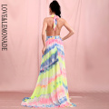 LOVE & LEMONADE Sexy V-Neck Open Back Cut Out colorful print Chiffon Long Dress LM81049A