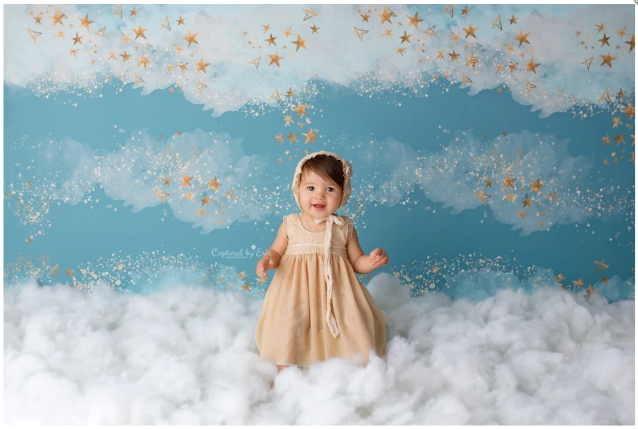 Blue sky cloud Backdrop Child Cake Smash Newborn Baby Photography Background 1st Birthday Party Gold DotsDecoration Banner