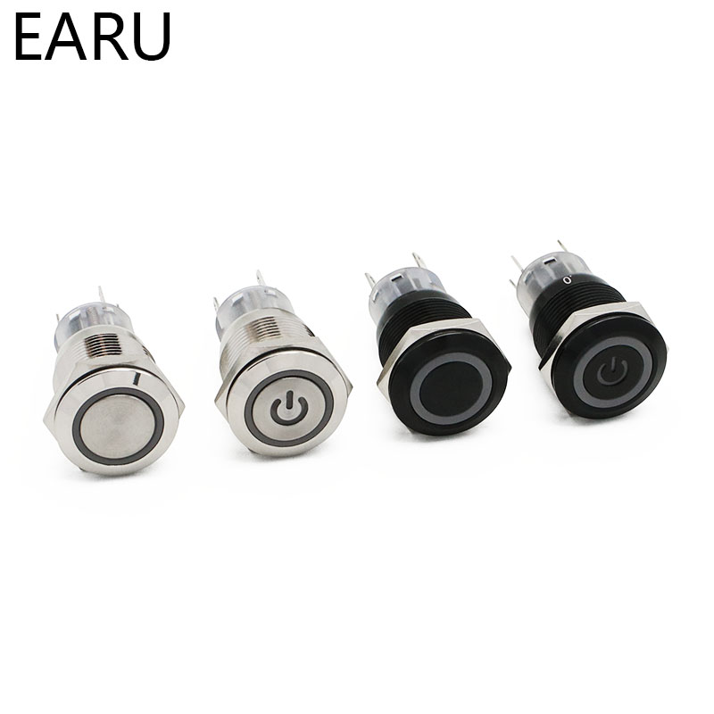 19mm Waterproof Metal Push Button Switch LED Light Black Momentary Latching Auto Car Engine PC Power Switch 3V 5V 12V 24V 220V