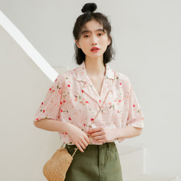 Fashion Flower Print Short Sleeve Shirt Girls Tees Shirts Blouse Women Summer Blouse