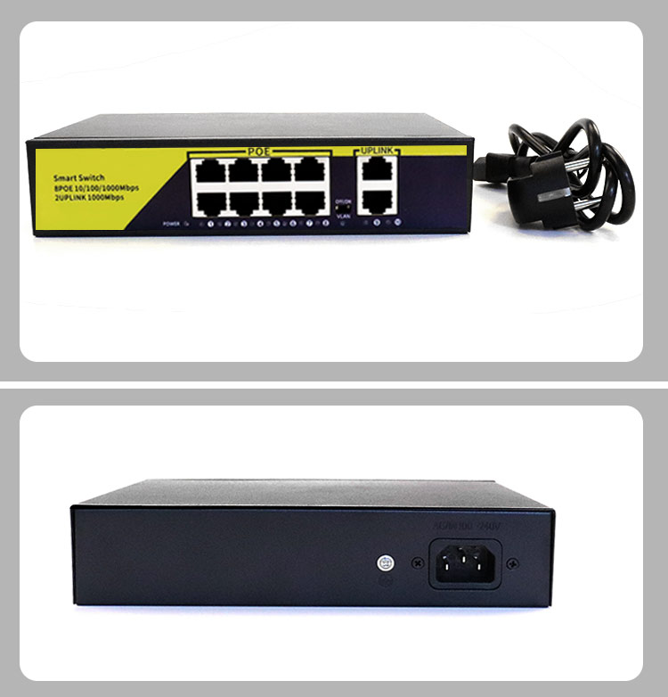 10Port POE Gigabit Switch 48V VLAN 10/100/1000Mbps 8 poe 1000M port+2uplink port Network Switch for CCTV IP Camera Wireless AP