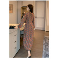fall and winter floral chiffon dress retro long sleeve v neck woman dress with lace up slim waist female vestidos