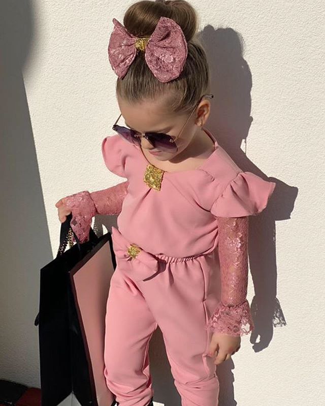 2020 New Baby Girl Clothes Fashion Kids Girl Sets 2Pcs Lace Flare Sleeve Bow Romper Headband Child Girl Clothes Streetwear 1-5Y