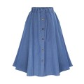 Classic Summer Denim Skirts Womens Pleated Knee Length Jeans Skirt Sweet Solid Casual Button Long Skirt Women Loose Party Skirts