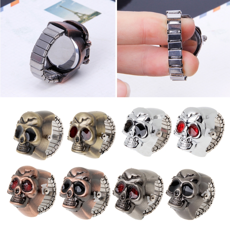 Vintage Cool Design Skull Case Flip Quartz Elastic Finger Ring Watch Unsex adjustable time knob