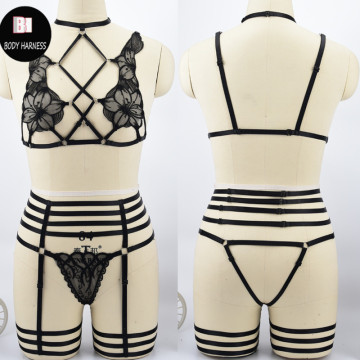 Black Lace Harness Fetish Wear Crop Top Bottoms Lace Cage Bra Harness Briefs Harness Bondage garter belt stockings Body suit