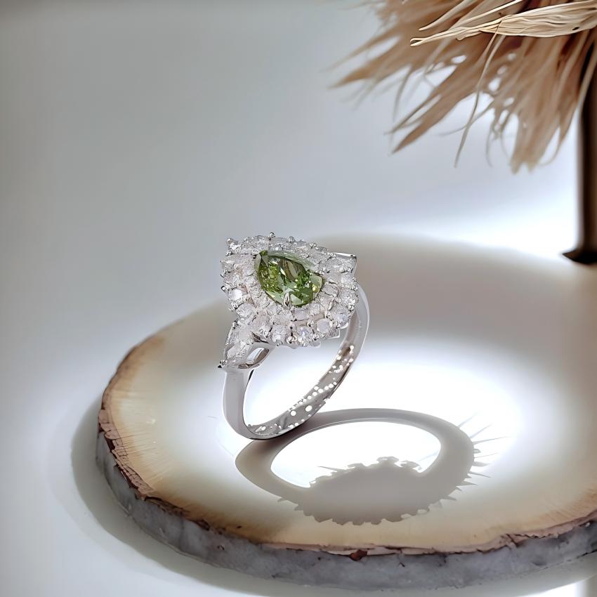 Fancy Vivid Green pear lab diamond double halo convertible ring in 18K white gold