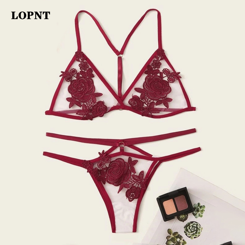 LOPNT Sexy women's bra set stripper clothes red Flower Applique Sheer Lingerie Set transparent bra Femal floral lace underwear