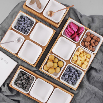 Japanese Creative Rectangle Ceramic Bamboo Dry Fruit Dessert Box Dish Multi Grid Plate Candy Dried Snack Foods Dessert Tea Tray