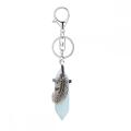 Natural Stone Hexagonal Prism Silver Feather Key Chain Gemstone Hexagon Healing Point Chakra Key Ring Crystal Charm Keychains