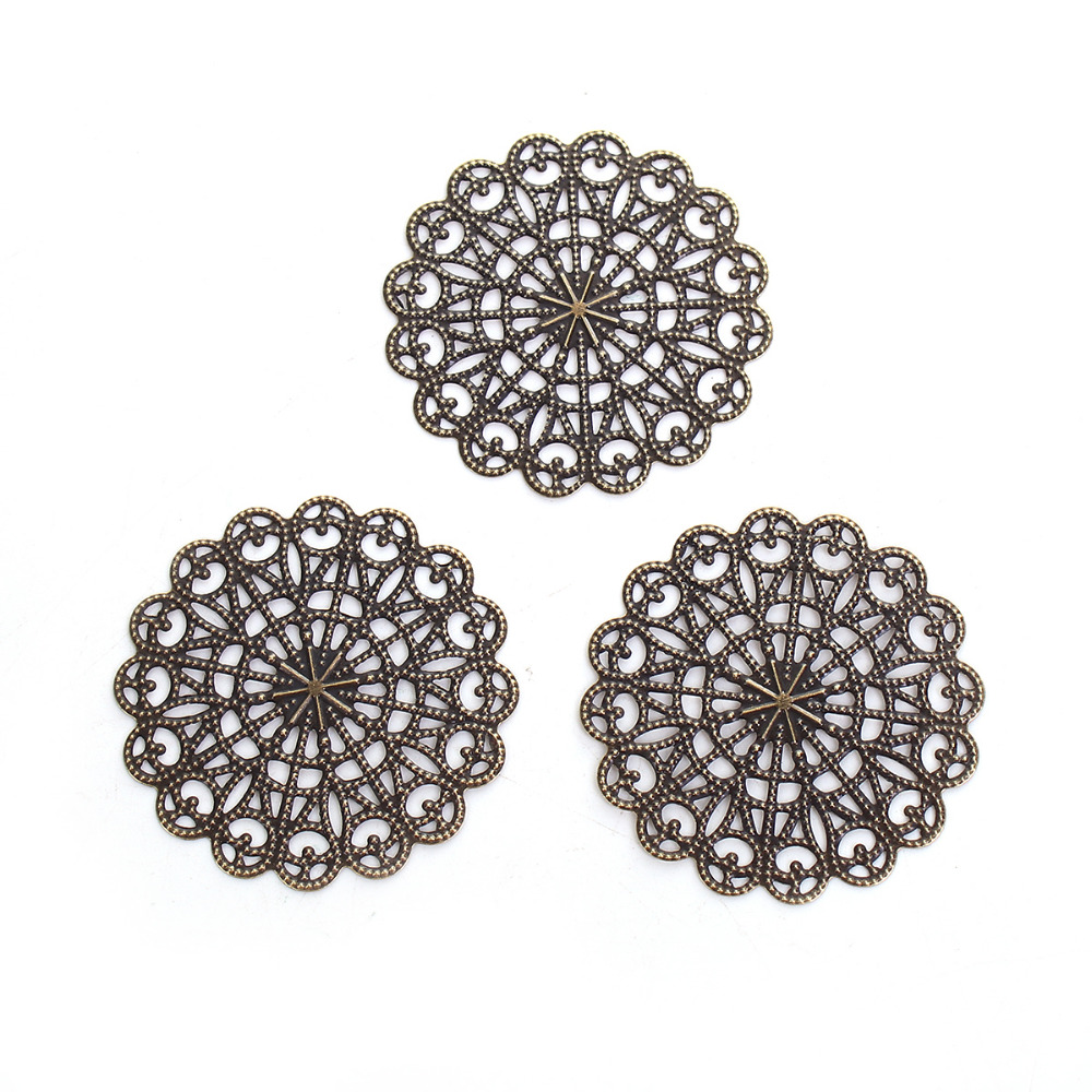 Doreen Box Zinc Based Alloy Embellishments Flower Antique Bronze Filigree Carved DIY Jewelry Making 43mm(1 6/8") x 43mm, 30 PCs