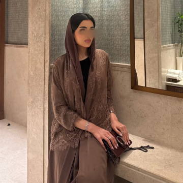 Brown Lace Open Abaya Cardigan Women Elegant Robe