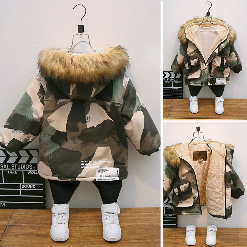 Winter Boys Coat Baby Fur Collar Hooded Cotton Plus Velvet Thicken Warm Camouflage Jacket For Children's Outwear Kids Clothes