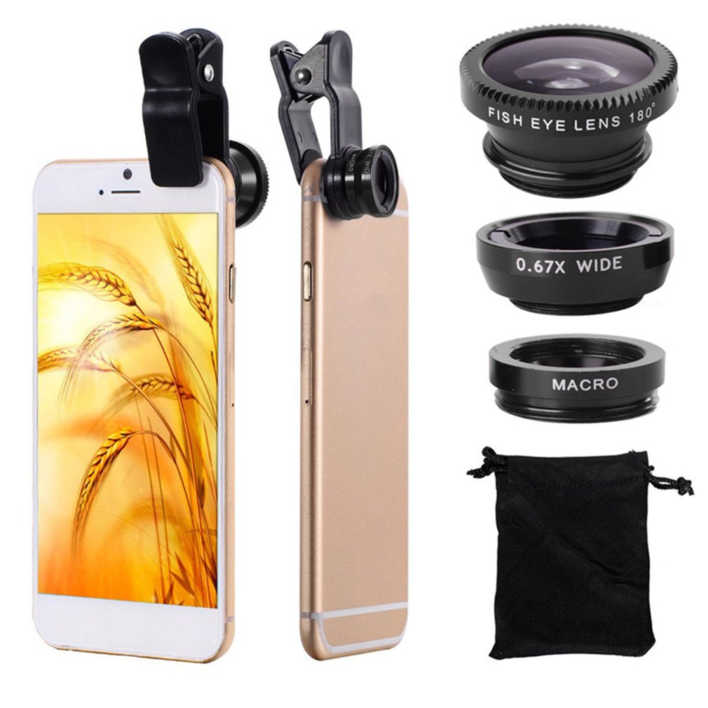 3-in-1 Wide Angle Macro Fisheye Lens Camera Kits Mobile Phone Fish Eye Lenses with Clip 0.65x for iPhone Samsung All Cell Phones