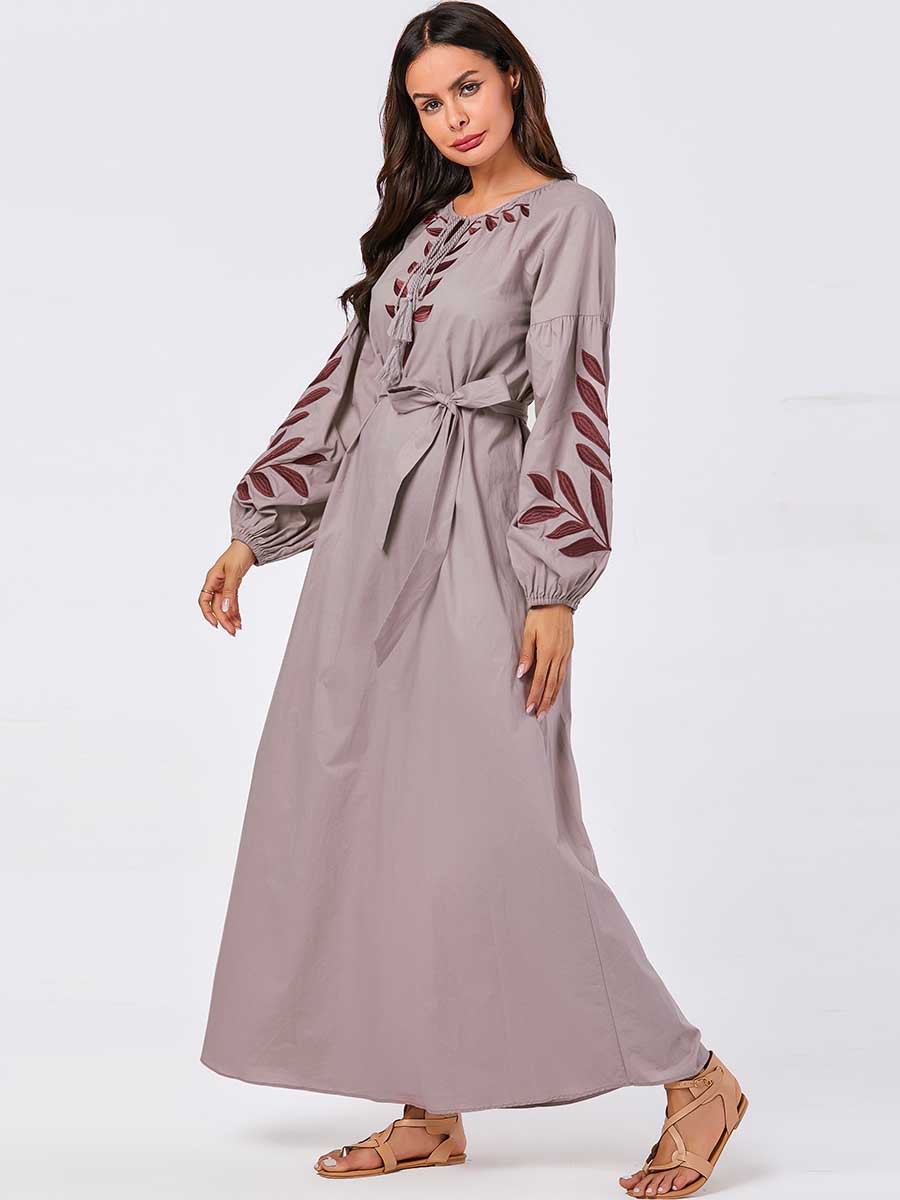 Women Maxi A-line Abaya Dresses Embroidery Lace-up Lantern Sleeve Kimono Muslim Long Dress Dubai Turkish Kaftan Islamic Clothing