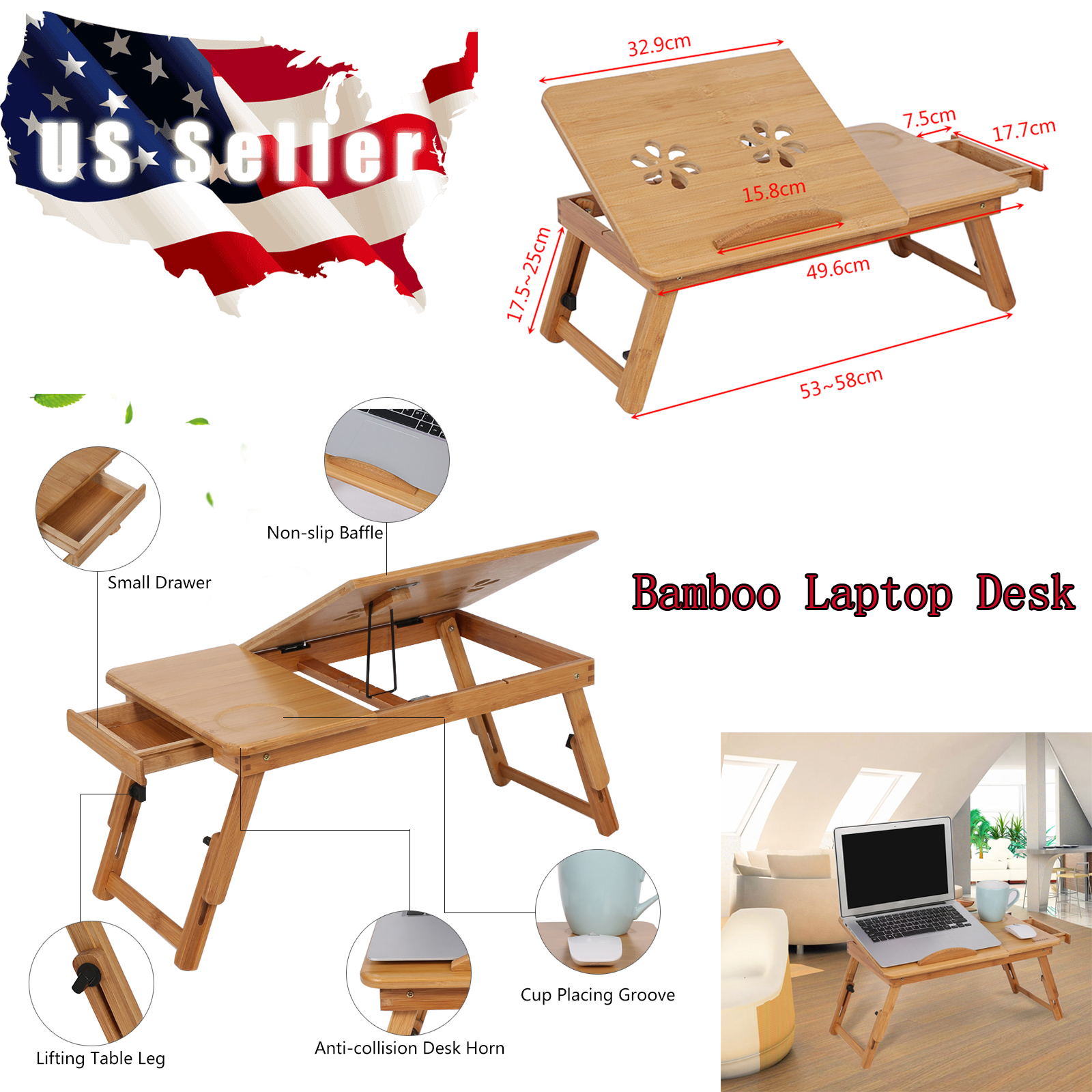 Adjustable Bamboo Rack Shelf Dormitory Bed Lap Desk Two Flowers Book Reading Tray Stand Retractable Laptop Desk Computer Desk