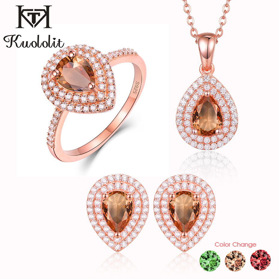 Kuololit 585 rose gold Jewelry Set for Women Real 925 Sterling Silver Zultanite gemstone for Ring Earrings Necklace Wedding gift