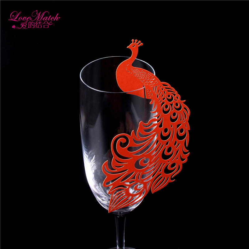 25pcs Laser Cutting Peacock Wine Glass Cup Card For Wedding Paper Name Place Card Cup Card Wedding Decorations Party Supply