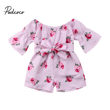 2018 Brand New Princess Baby Girl Floral Romper Off shoulder Flare Sleeve Bow Striped Jumpsuit Playsuit Outfit Sunsuit Clothes