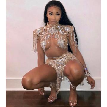 Shining Big Crystals Mesh Sexy Bodysuit Sparkly Rhinestones Chains Fringes Outfit Nightclub Party Wear See Through Costume