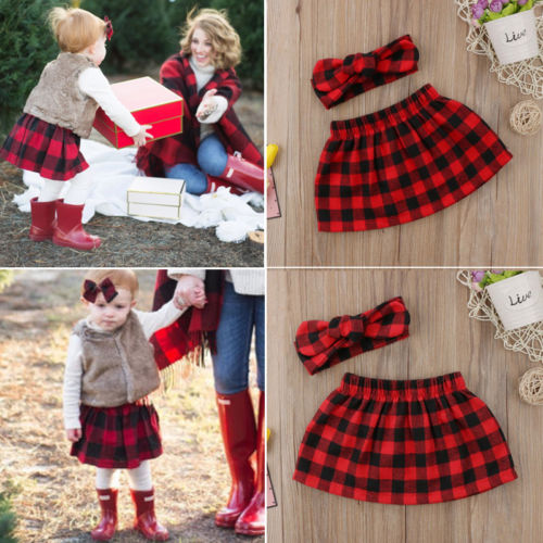 FOCUSNORM Sweet Christmas Infant Baby Girl Xmas Plaid Skirts Headband Cotton Outfit Clothes