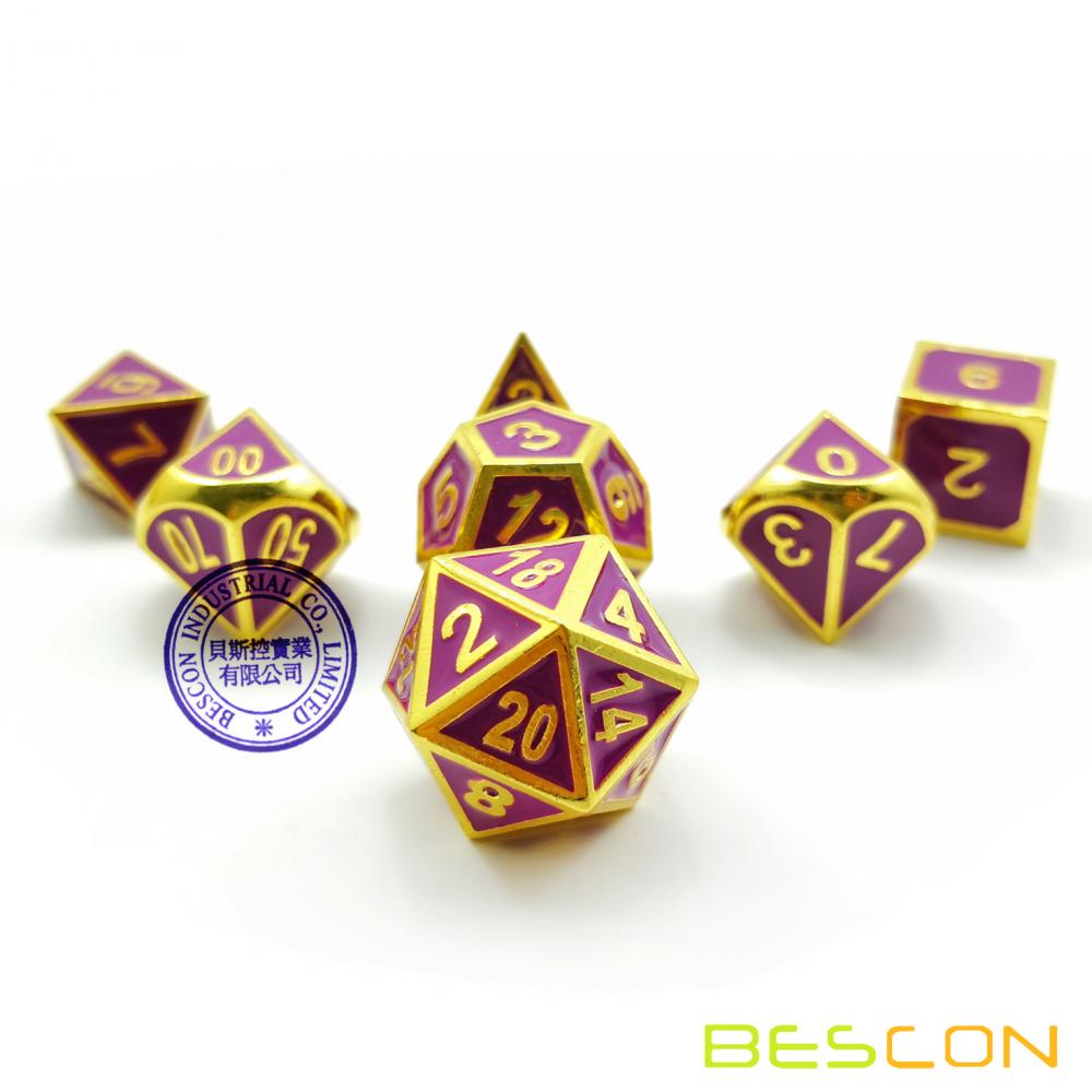 Bescon Deluxe Golden and Purple Enamel Solid Metal Polyhedral Role Playing RPG Game Dice Set of 7 for Dungeons & Dragons