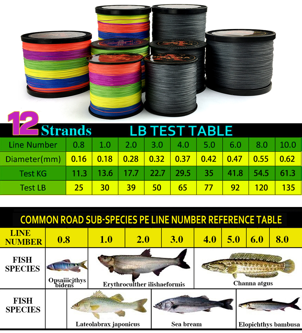 GHOTDA Strong 1000M 500M 300M 12 Strands Weaves PE Braided Fishing Line Multifilament