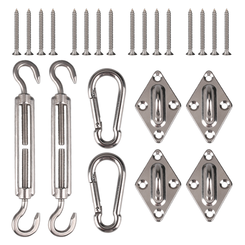 Sun Shade Sail Canopy Accessory 24pcs/set 304 Stainless Steel Hardware Kit Turnbuckle Pad Eye Carabiner Clip Hook Screws Silver