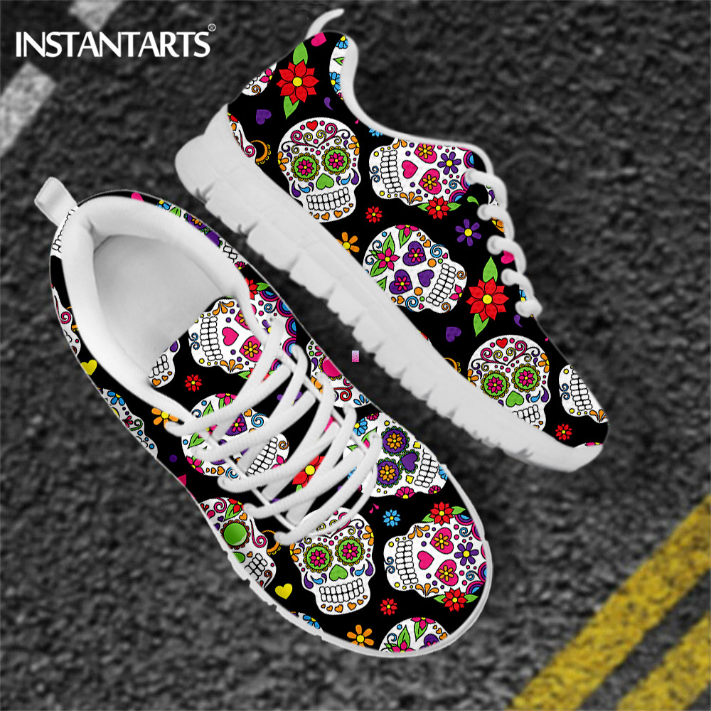 INSTANTARTS Brand Design Sugar Skull Floral Flats Sneaker Shoes for Women's Vintage Gothis Footwear Light Weight Female Sneakers