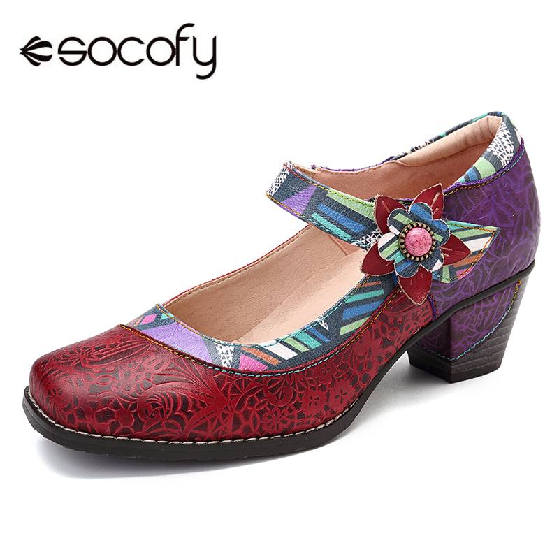 SOCOFY Retro Genuine Leather Flower Comfy Retro Pumps Loafers Bohemia Casual Shoes Women Shoes Spring Autumn Casual Shoes New