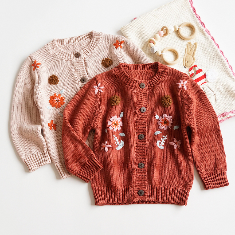 FOCUSNORM 0-3Y Autumn Winter Infant Baby Girls Sweater Coat Tops Knit Flowers Print Long Sleeve Single Breasted Tops
