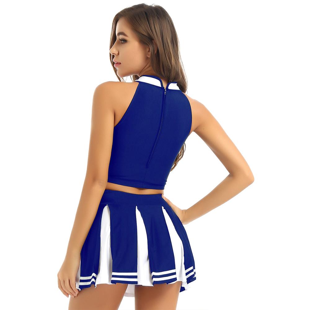 Womens Cheerleader Uniform Outfit Stand Collar Crop Top with Mini Pleated Skirts Cheerleading Clothes Carnival Cosplay Costume