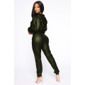 2020 New Winter Women sets Hooded Full Sleeve Crop Top Pants Suit Two Piece Set Casual PU Leather Fitness Tracksuits GL2052