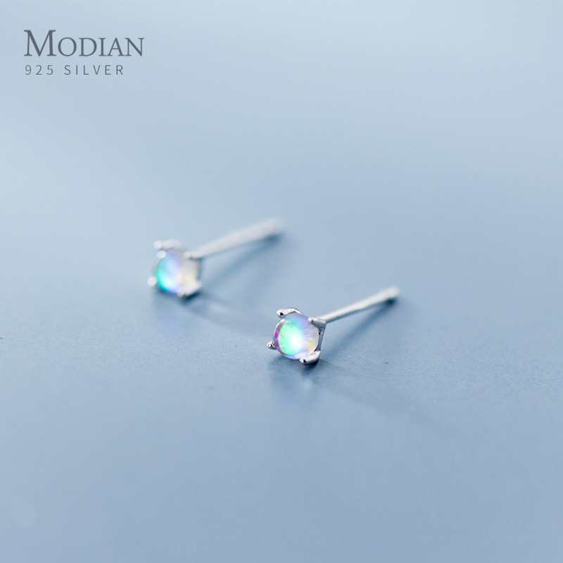 Modian Simple Tiny Multi Color Opal Stud Earrings Sweet Classic 925 Sterling Silver Round Crystal Jewelry For Women Party Gift