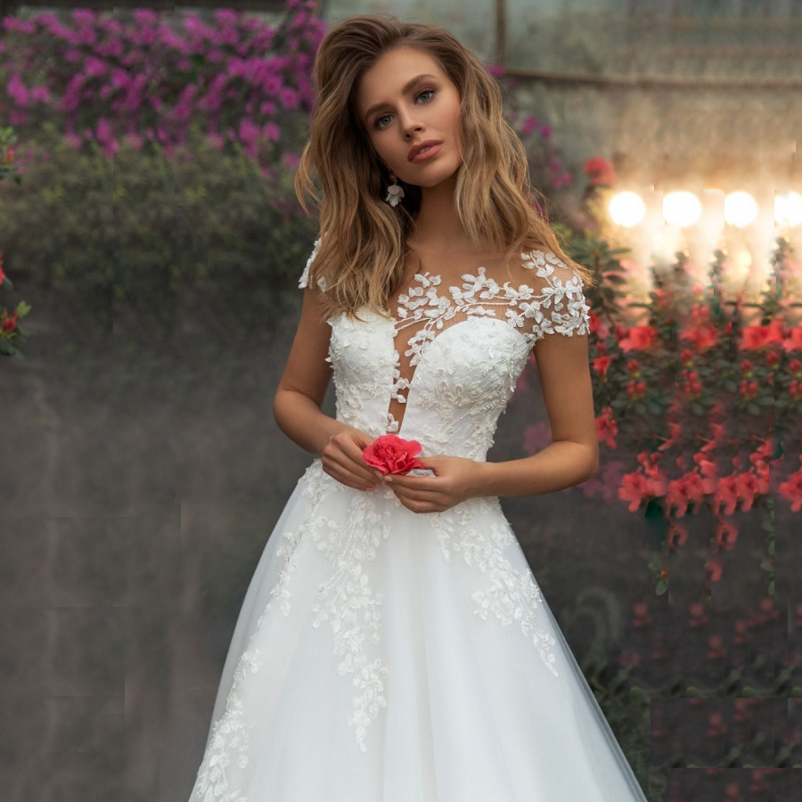 Elegant Wedding Dress 2020 Cap Sleeves Scoop Neck Wedding Gowns Tulle Applique White Bride Dress Vestido De Noiva Sweep Train