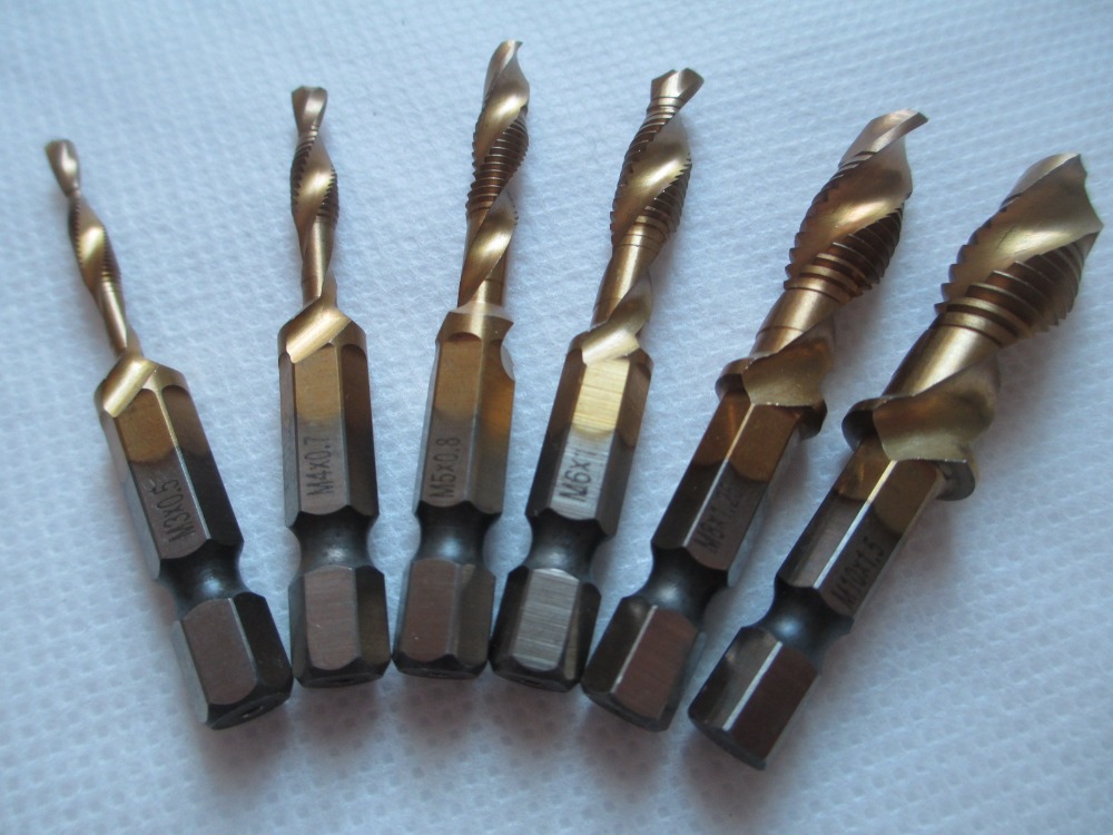 6pcs Titanium M2 Hex Shank HSS Screw Spiral Point Thread Metric Plug Hand Tap Drill Bits M3 M4 M5 M6 M8 M10 fit Metal Steel