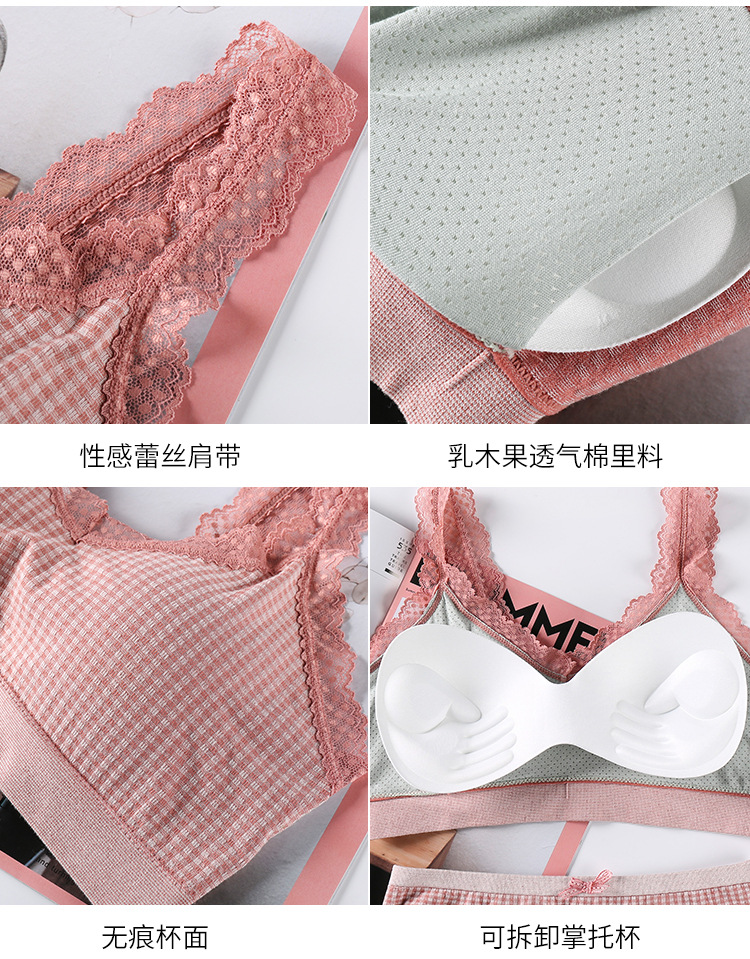 Plaid Women Bra and Panty Set Push Up Bra Crop Top Sexy Bra Japanese Lingerie Set Comfort Lace Strap Top Underwear Set
